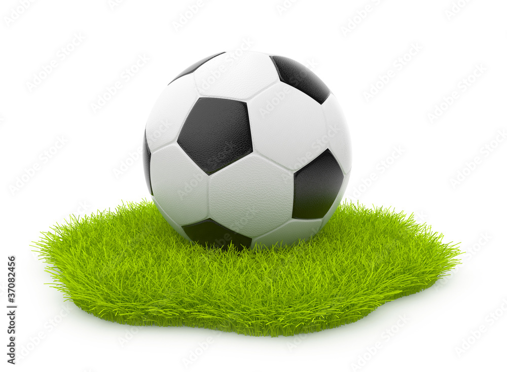 Obraz premium Soccer ball on green grass. Sport concept. Isolated on white ba
