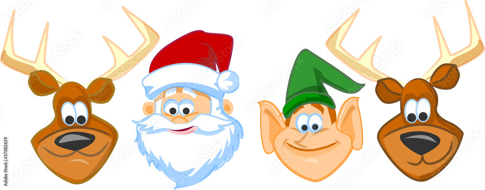 Мультфильм лица Санта-Клауса, эльфов, олени