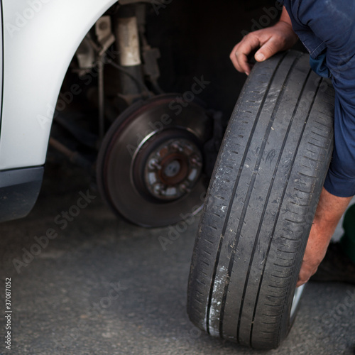 mechanic changing a wheel of a modern car