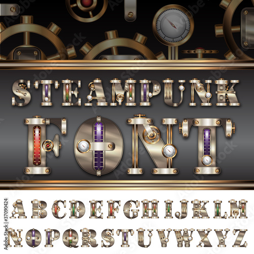Steampunk Font made of mechanical Parts (vector) clockwork font