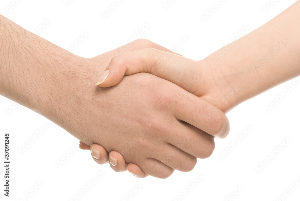 Business or friendly handshake between man and woman Business or friendly handshake between man and woman