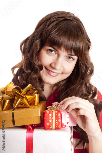 Beautiful brunette girl with present box.