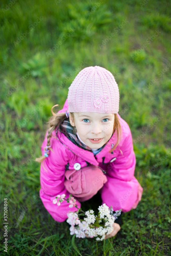 little girl with branch of flowers little girl with branch of flowers