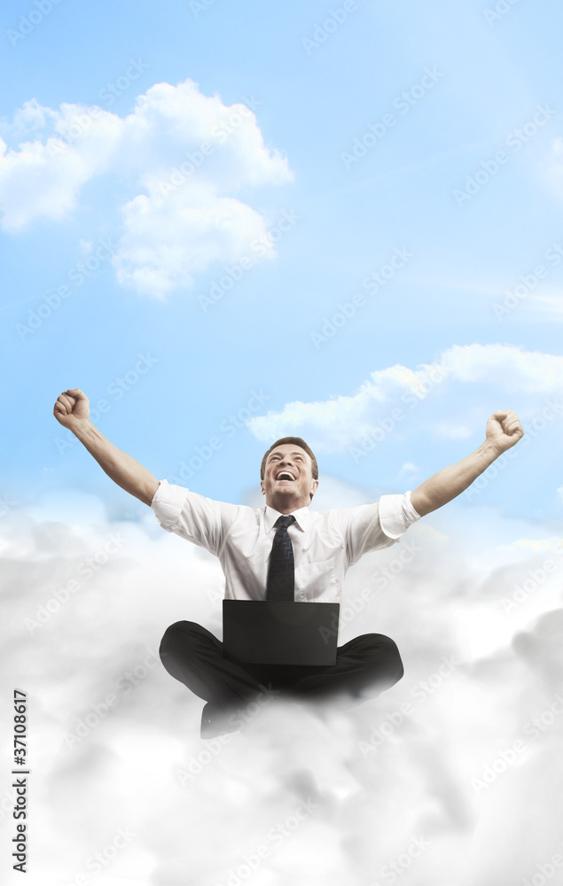 Happy young businessman with laptop sitting on the clouds Happy young businessman with laptop sitting on the clouds