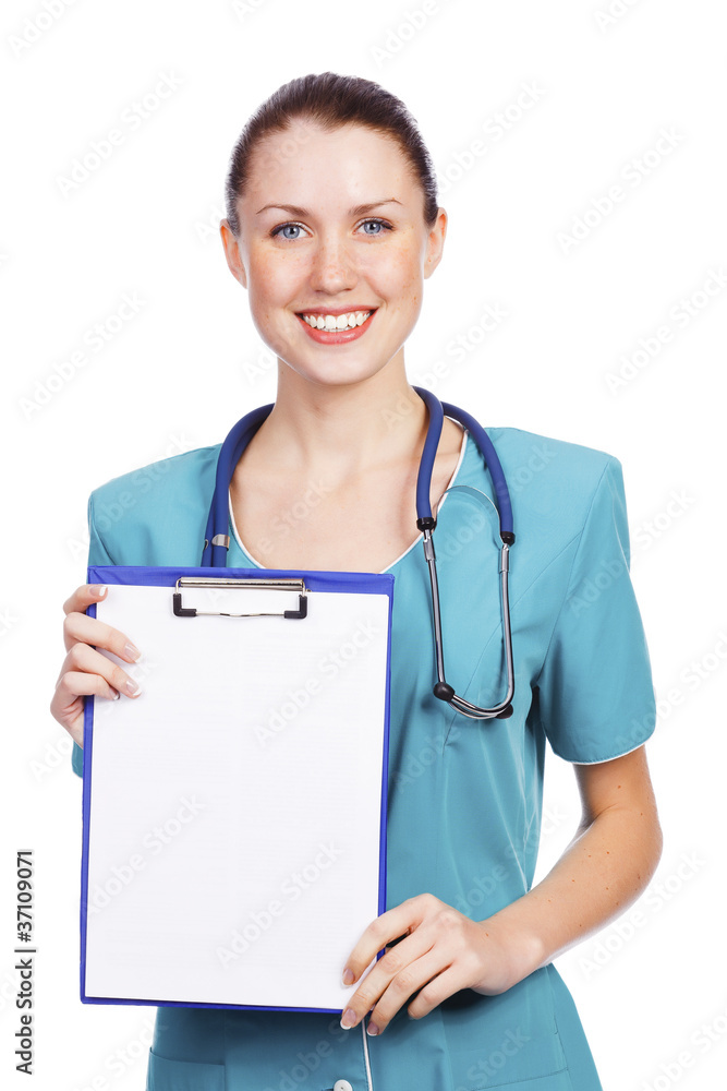 Cute nurse shows a blank paper sheet on clipboard Cute nurse shows a blank paper sheet on clipboard