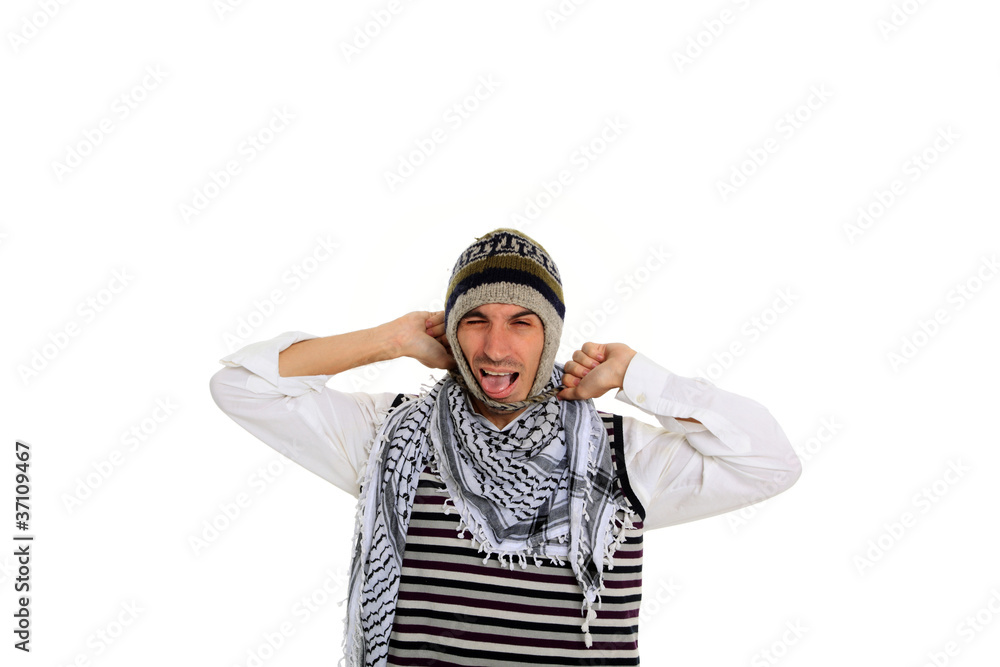 Fototapeta premium Funny winter man in warm hat and clothes smiling