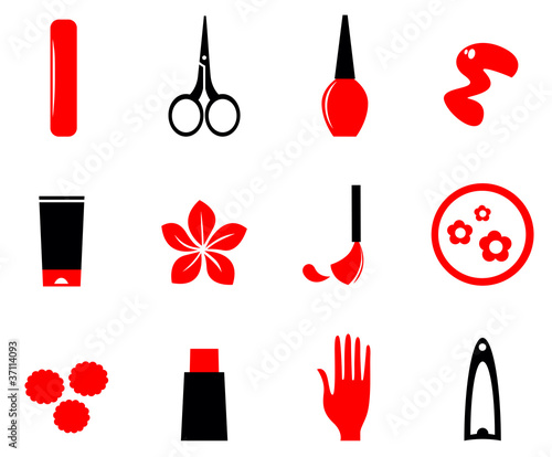 Manicure, cosmetics and beauty icons isolate on white ( red, bla