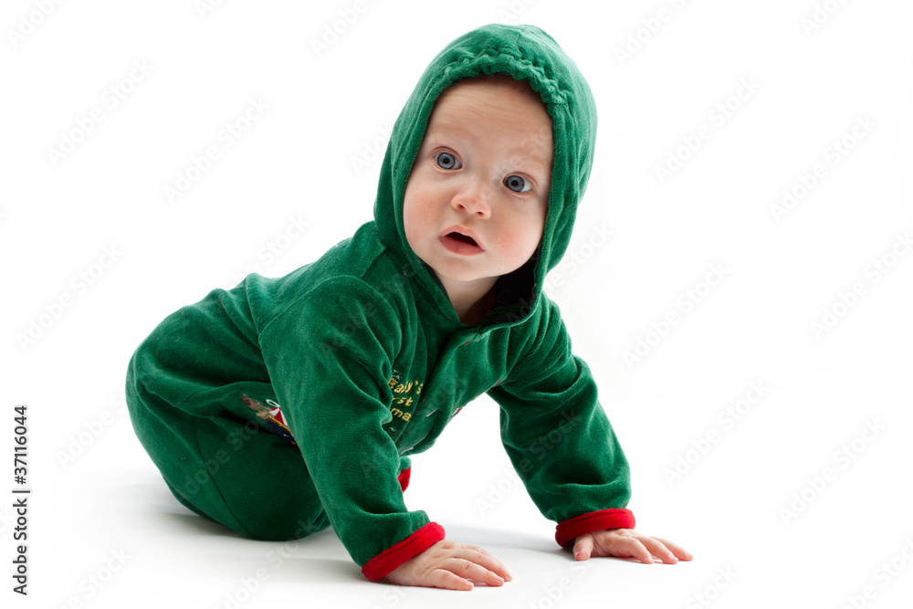 Baby in elf-costume on a white background Baby in elf-costume on a white background