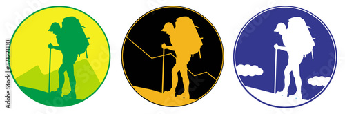 Man with a backpack going up the hill. Emblem