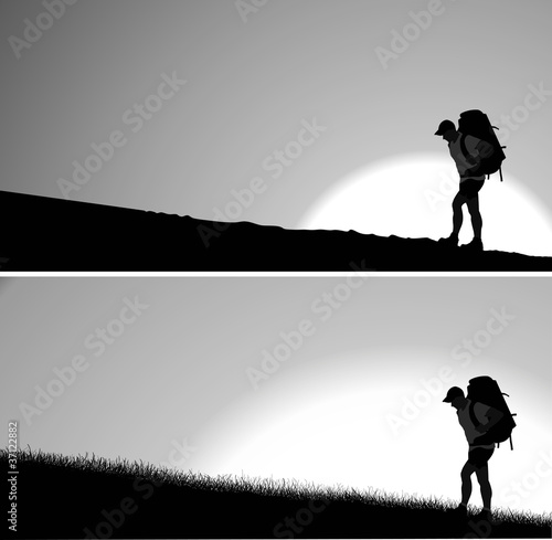 Silhouette of man with a backpack. Vector. Separate layers
