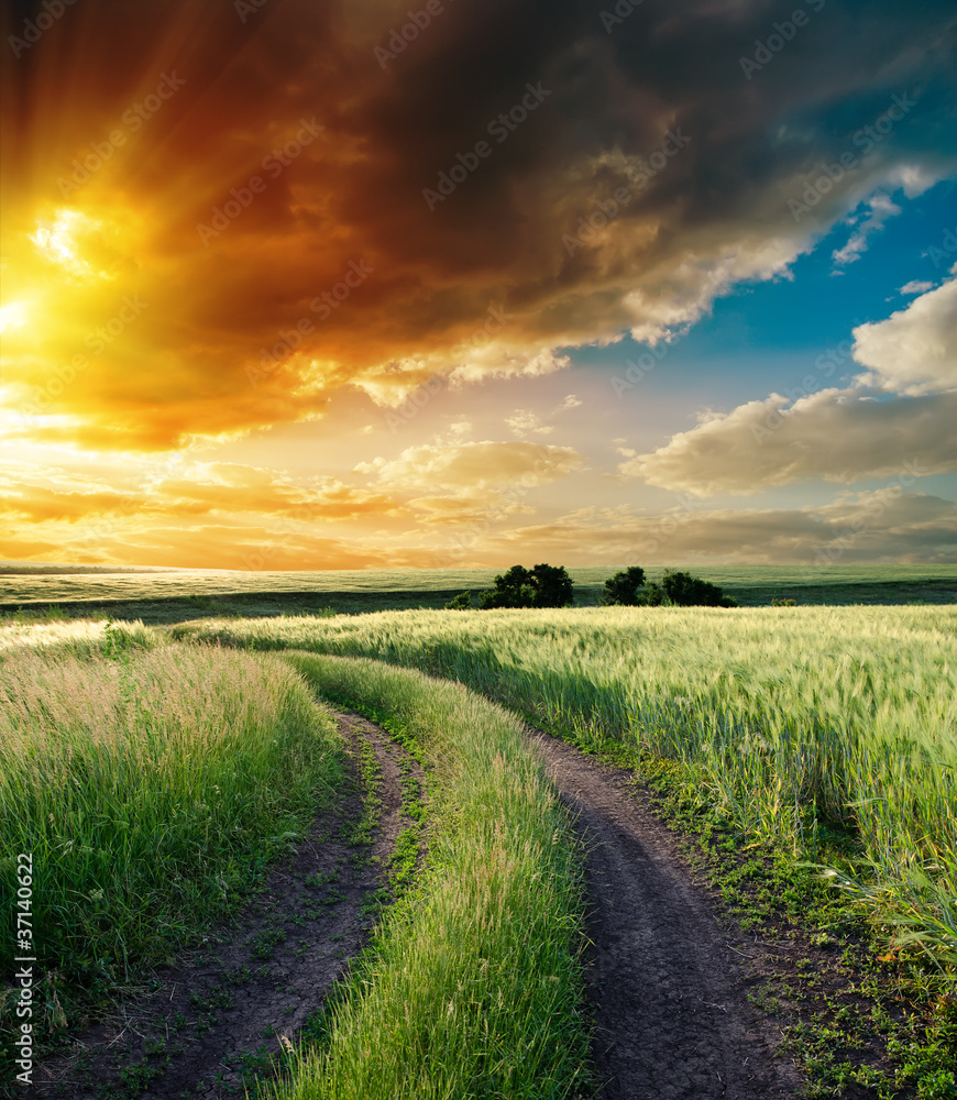 Fototapeta premium dramatic sunset over road to horizon