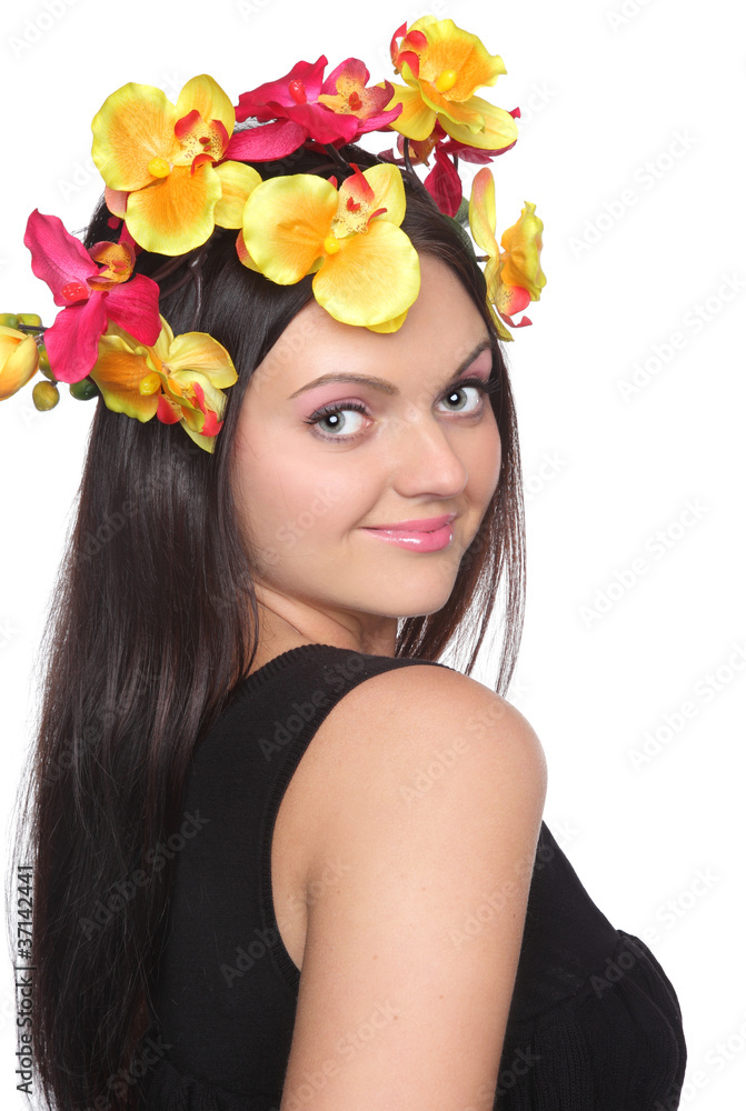 Pretty woman with flowers on head