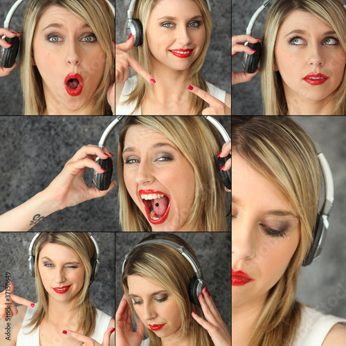 Canvastavla blonde with red lipstick and headset striking poses