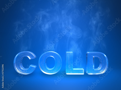 Evaporating icy cold enscription on a blue studio background photo