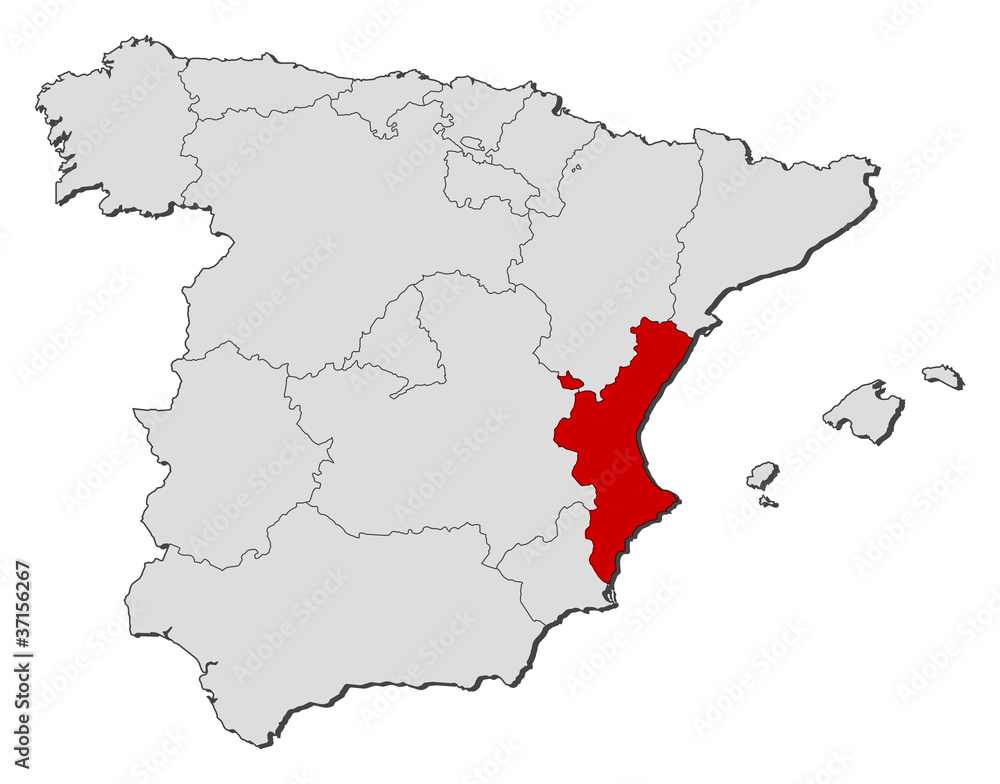 Fototapeta premium Map of Spain, Valencian Community highlighted