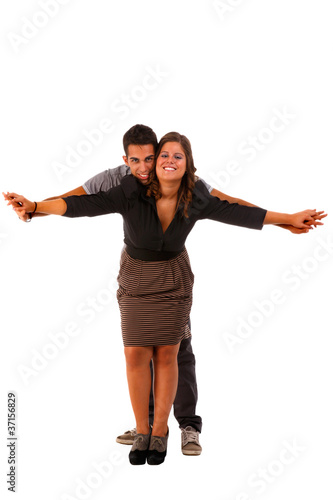 a beauty and happy cute couple, with arms opened