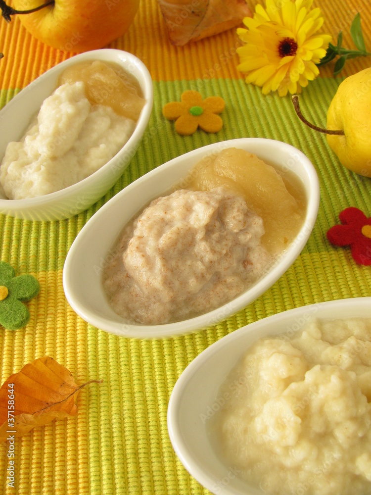 Schälchen mit Hirsebrei, Reisbrei und Dinkelbrei für Babys Schälchen mit Hirsebrei, Reisbrei und Dinkelbrei für Babys