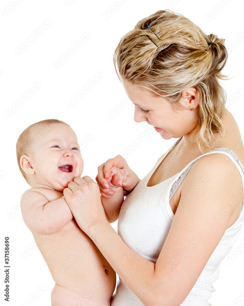 Portrait of loving mother and her child on white background Portrait of loving mother and her child on white background