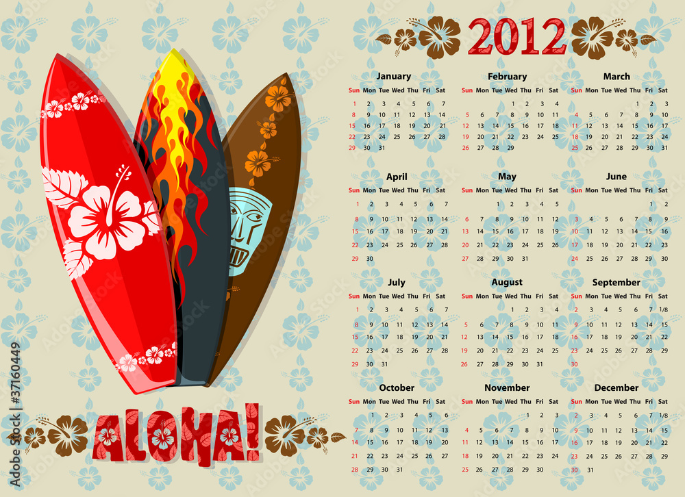 Vector Aloha calendar 2012 with surf boards