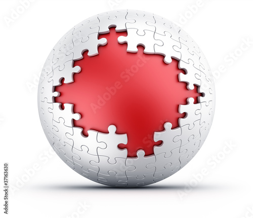 Puzzle sphere with red a red core