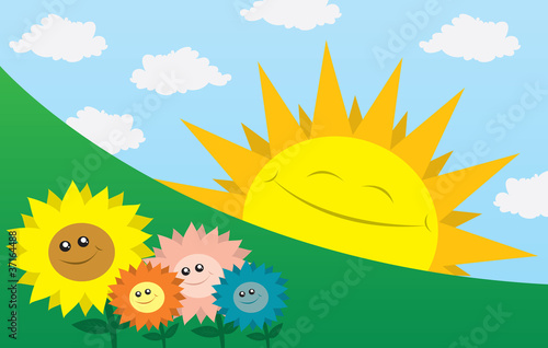 Large sun smiling sideways with flowers in the foreground.
