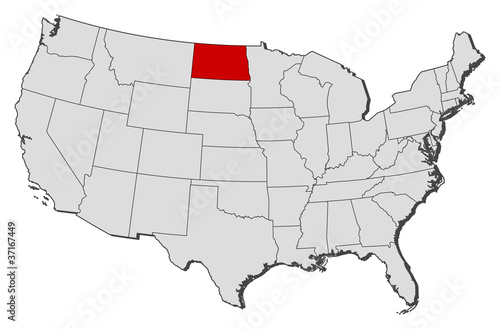 Map of the United States, North Dakota highlighted