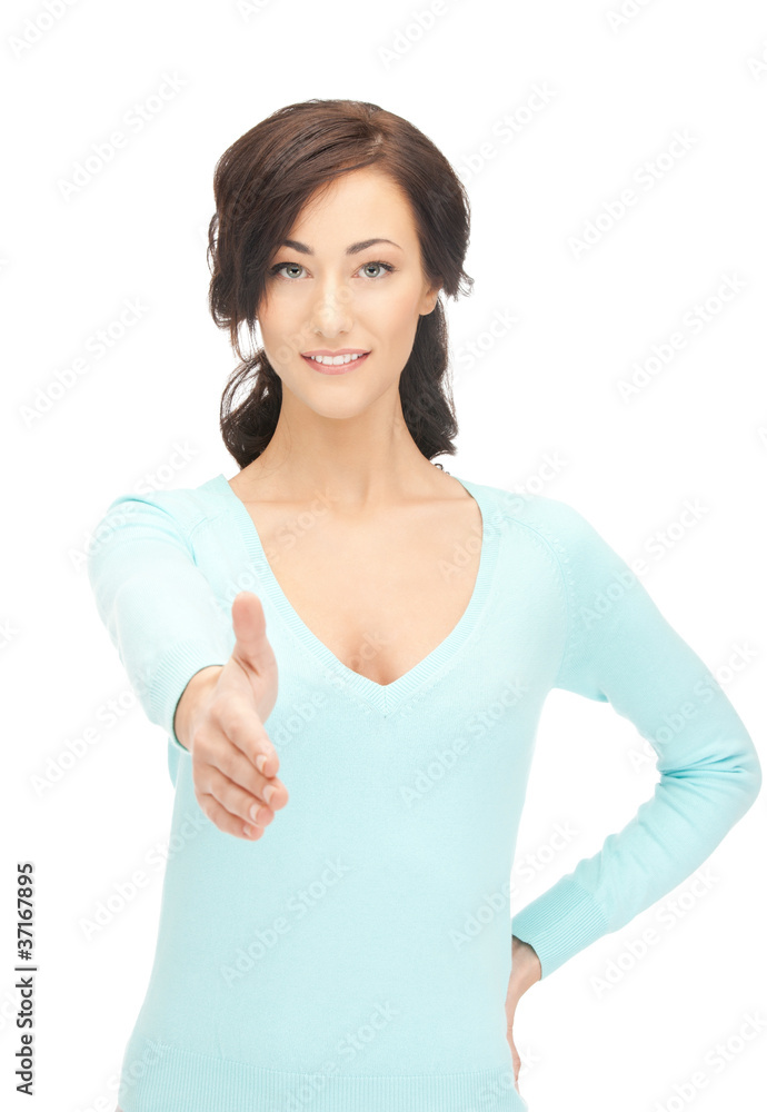 woman with an open hand ready for handshake woman with an open hand ready for handshake