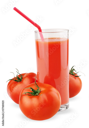 Glass of tomato juice isolated on white