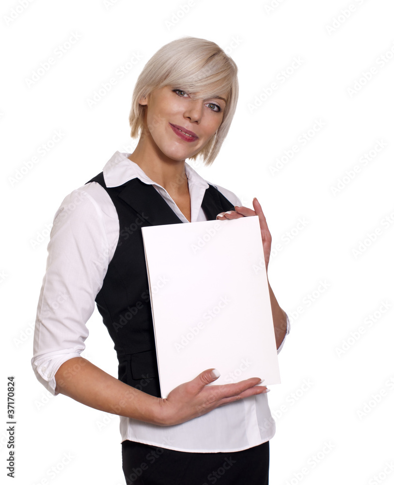 Young business woman on white background holding white folder Young business woman on white background holding white folder