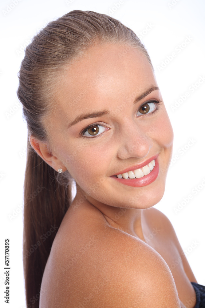 Long hair ponytail and big smile by happy woman Long hair ponytail and big smile by happy woman