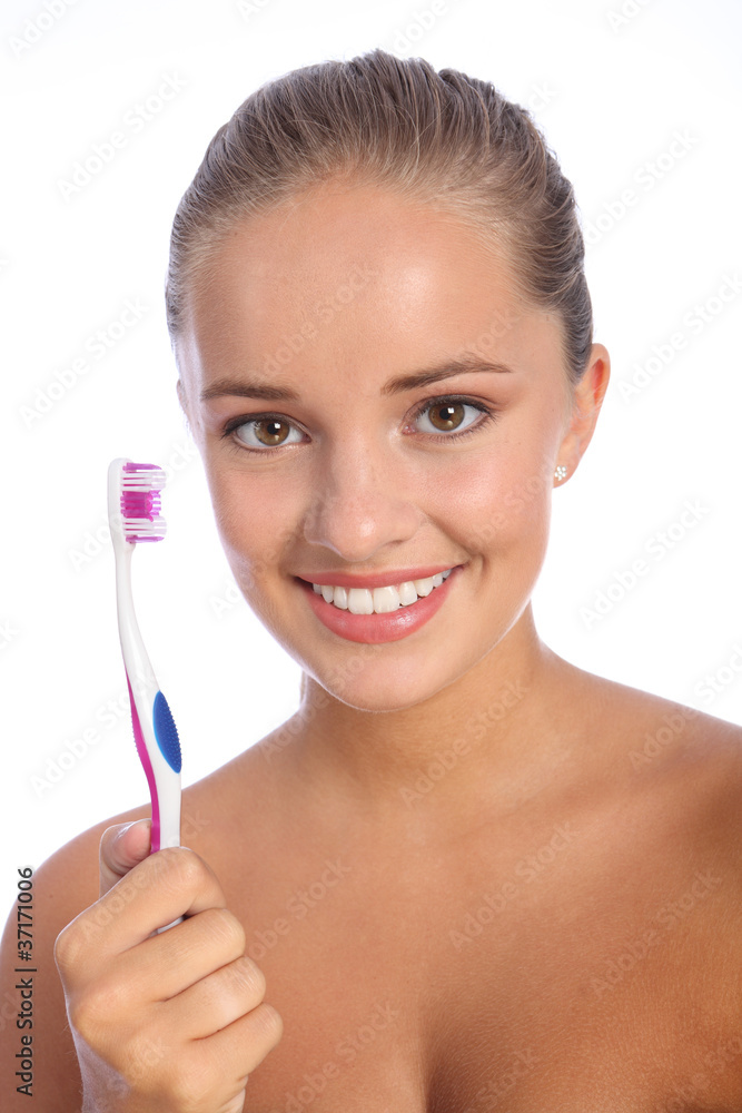 Dental care toothbrush for young woman big smile Dental care toothbrush for young woman big smile