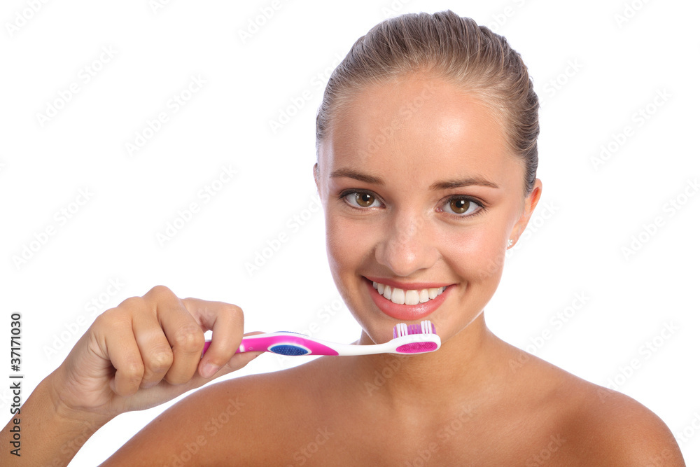 Cleaning teeth with toothbrush for happy girl Cleaning teeth with toothbrush for happy girl