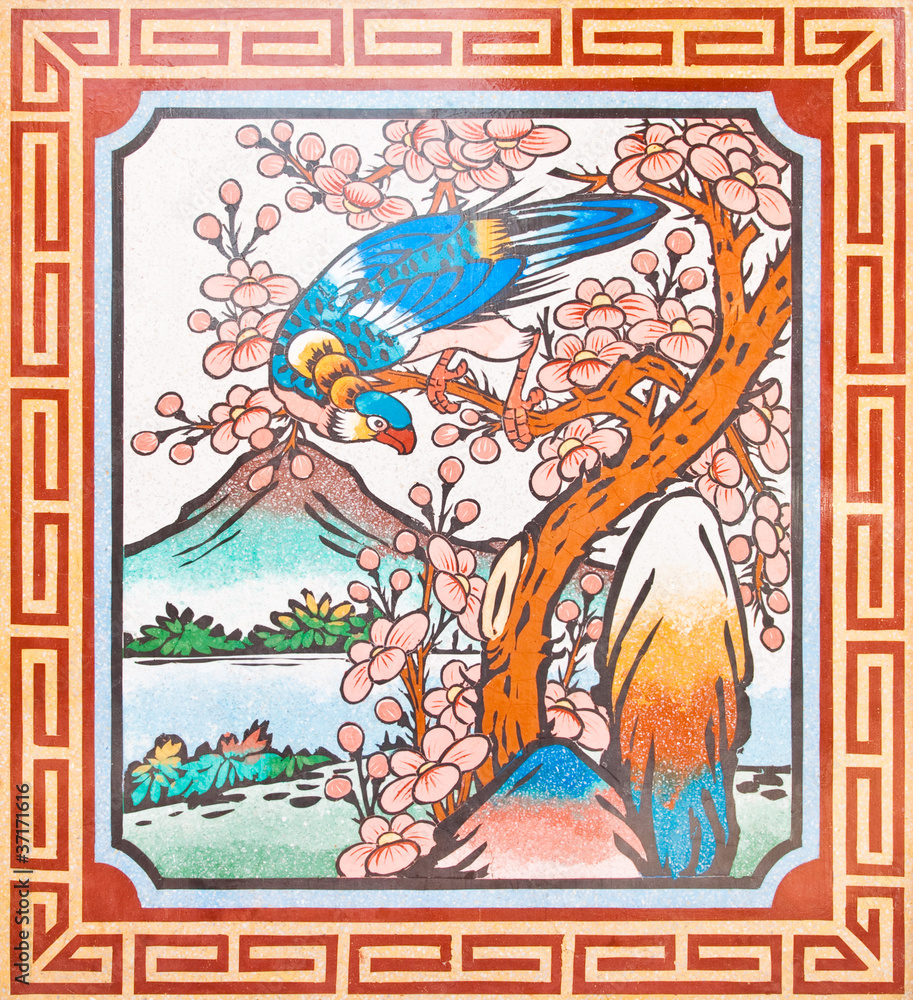 Art Chinese style painting on the temple wall,Thailand.Generalit