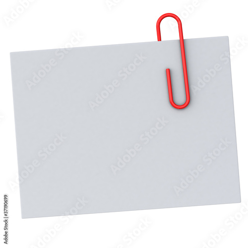 Blank paper note with red paperclip 3d