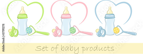 Set of baby products in gentle colors, vector illustration
