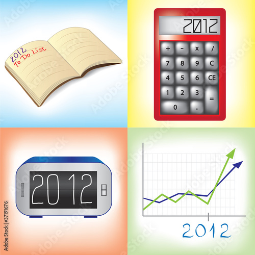 Organizer, clock, calculator and graph showing 2012 year