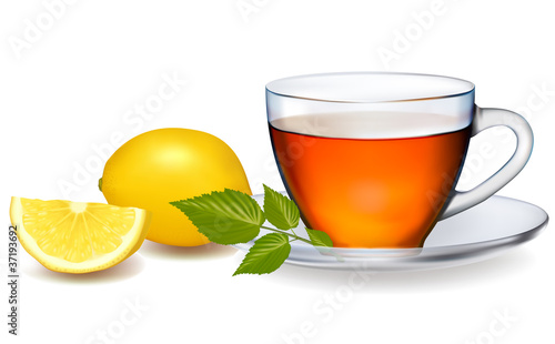 Cup of tea with leaves with lemon. Vector illustration.