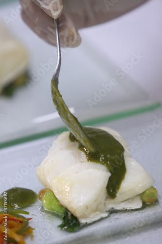 Fresh steam fish with green sauce