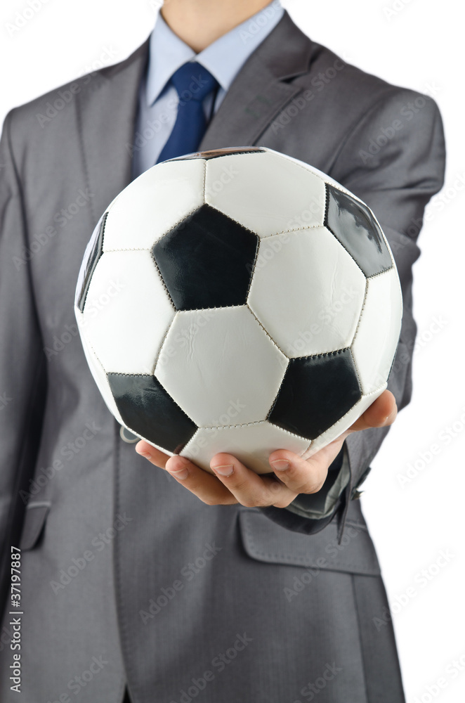 Businessman holding football on white Businessman holding football on white