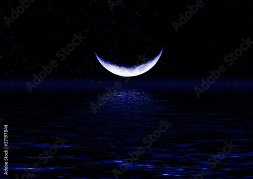 Half of moon in the star sky reflected in water #37197844