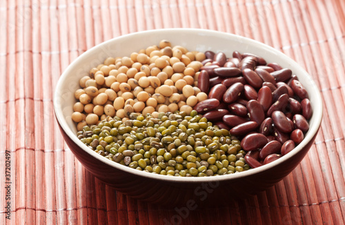 Red bean, green bean, and soy bean in bowl