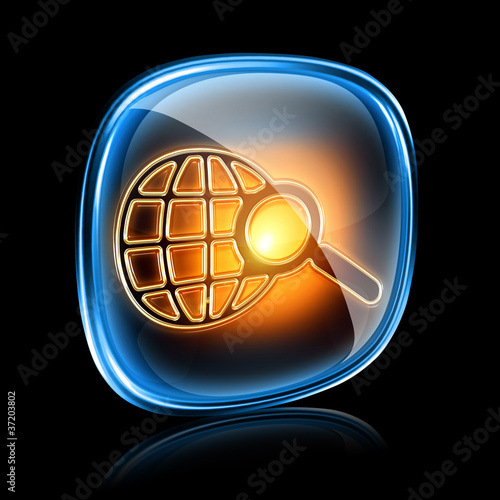 magnifier icon neon, isolated on black background photo