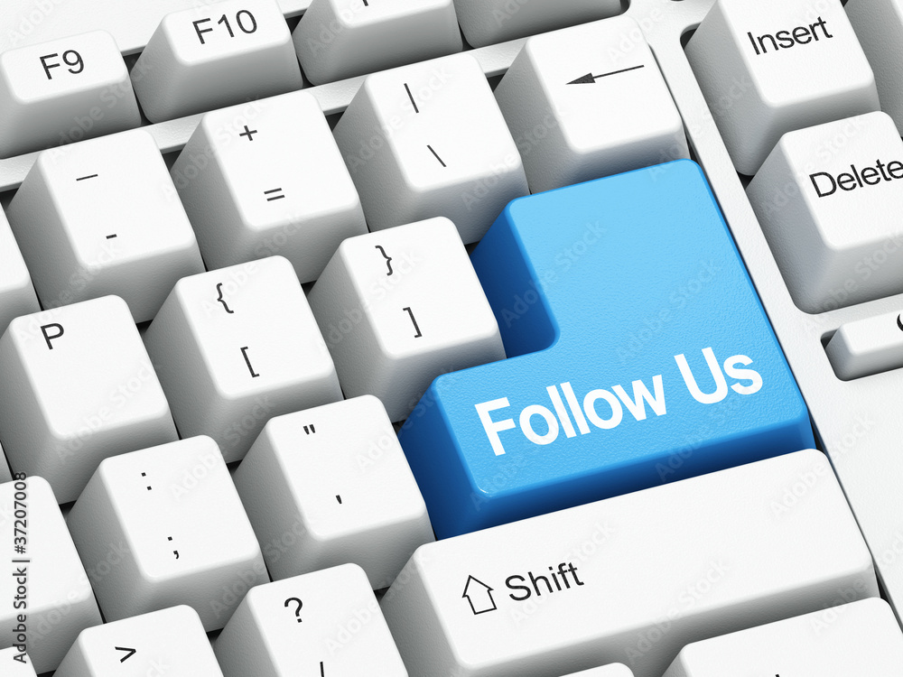 Keyboard with blue Follow Us button