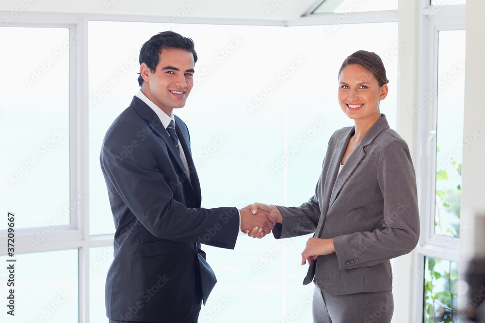 Side view of smiling trade partner shaking hands Side view of smiling trade partner shaking hands