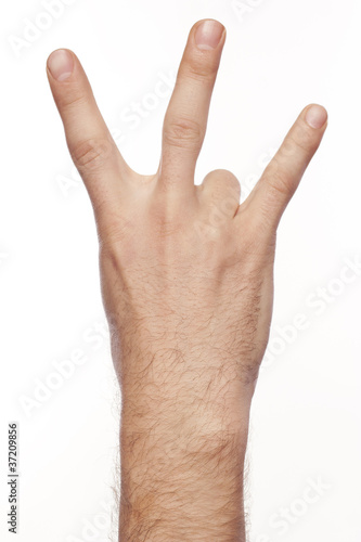 Man’s hand over white background