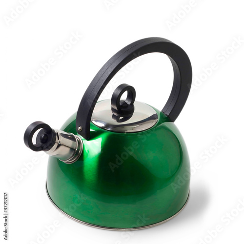 green iron kettle isolated on white