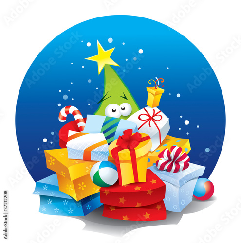 Christmas tree with lots of gifts. Vector illustration.