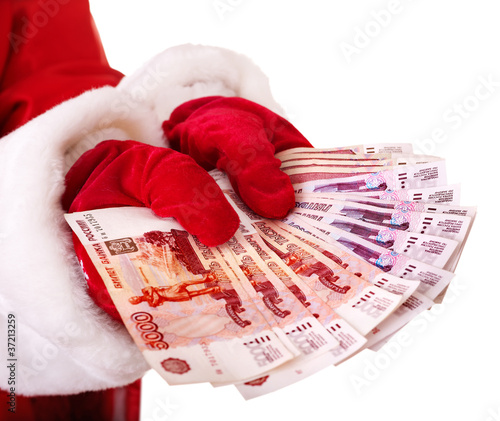 Santa Claus hand with  money (Russian rouble).