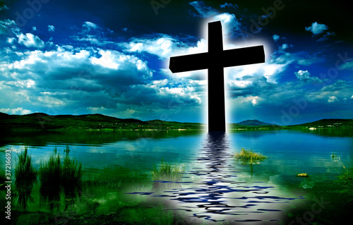landscape with a bright cross over the river