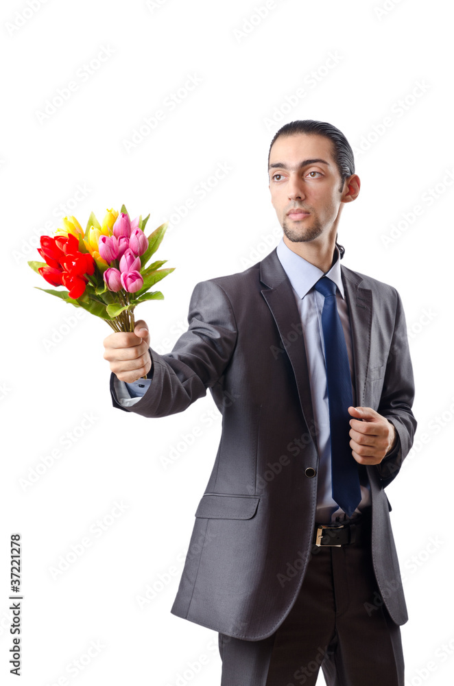 Young man with tulip flowers Young man with tulip flowers